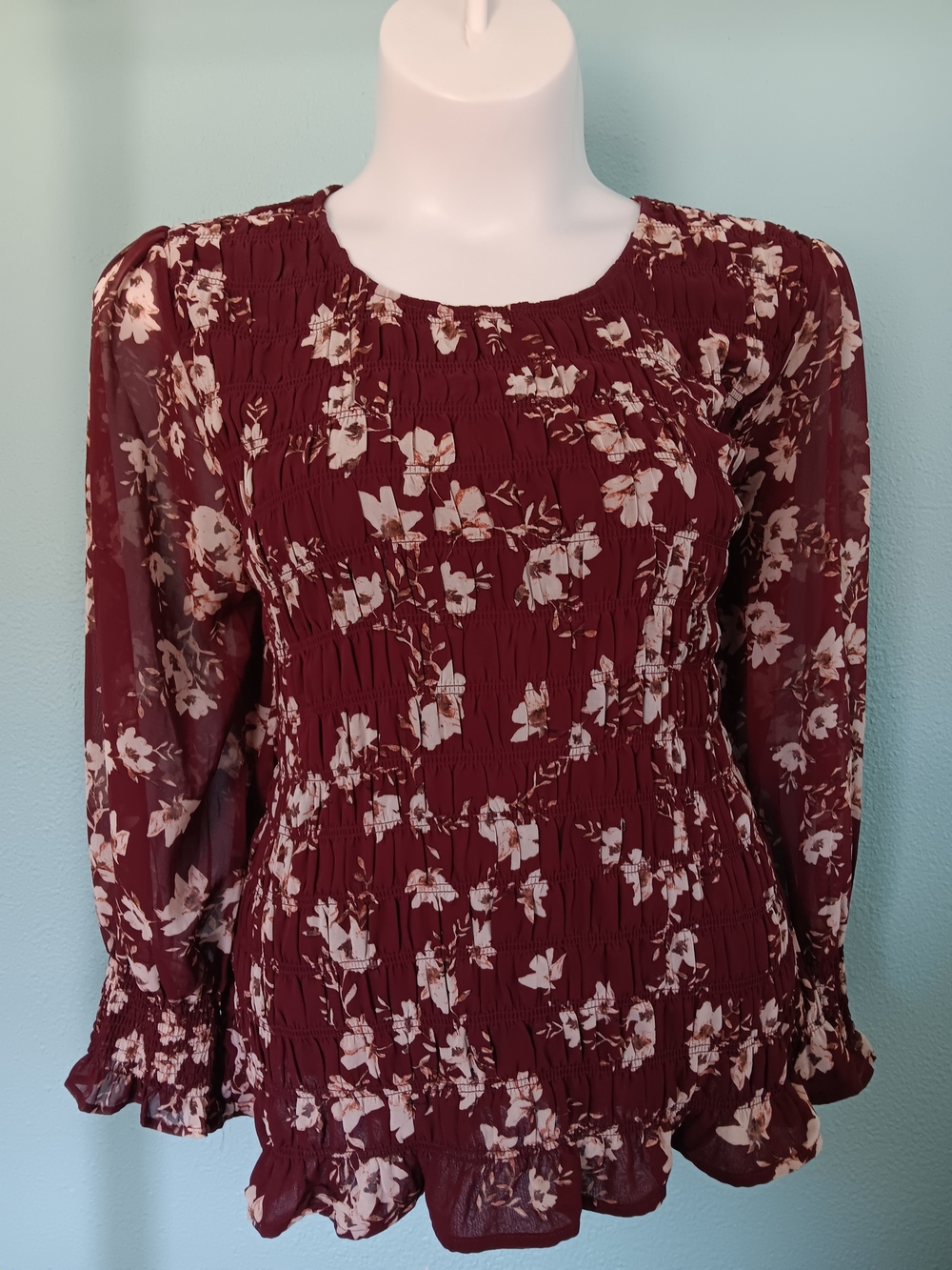 Maurices 3x Women’s Floral Smocked Long Sleeve Blouse - Wine & Cream